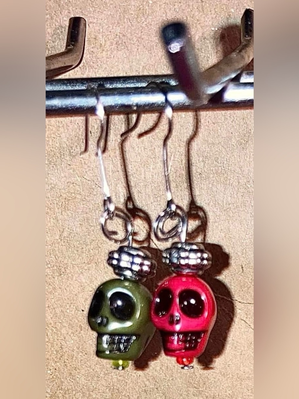 Skull Bead Dangle Earrings - Olive Green & Red